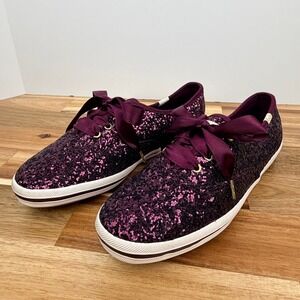 Keds x Kate Spade Burgundy Glitter Champion Sneakers Ribbon Laces Womens 7